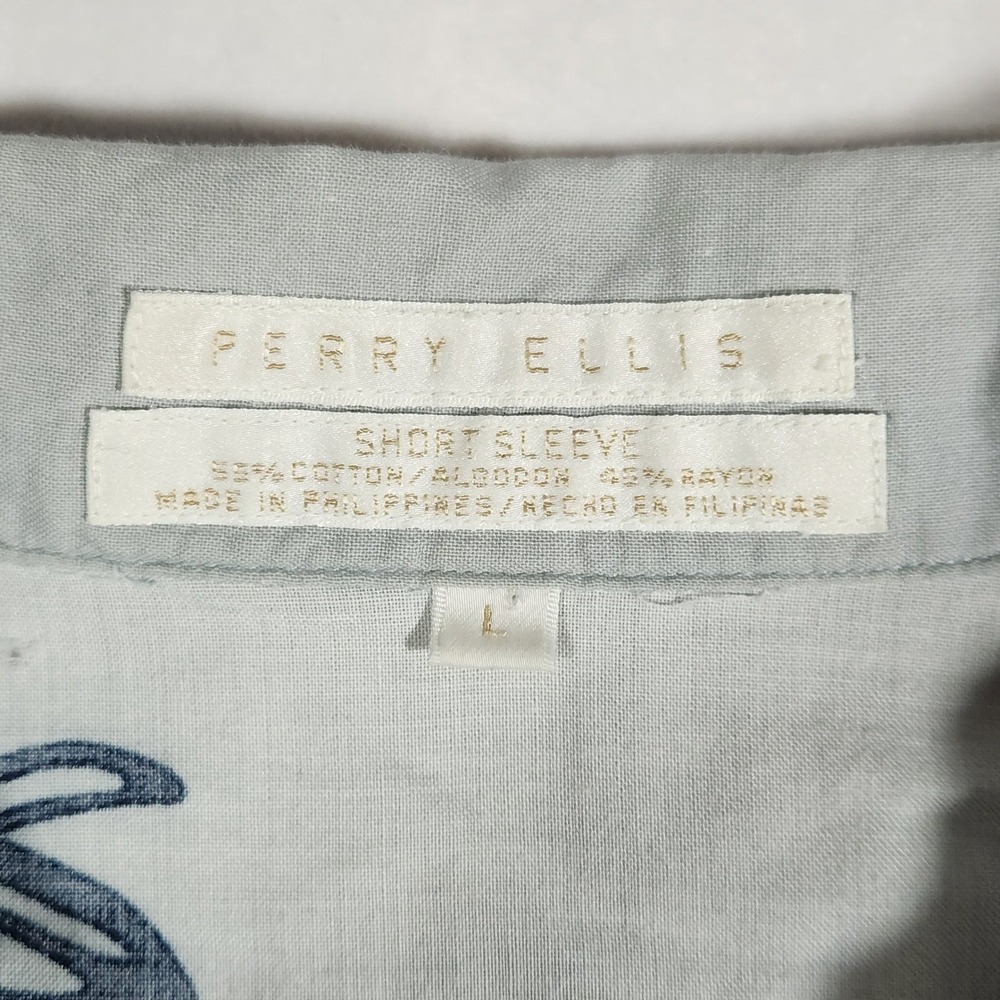 Perry Ellis Floral Button Up Mens L Blue Cotton Rayon Short Sleeve Y2K Vintage - Picture 3 of 9